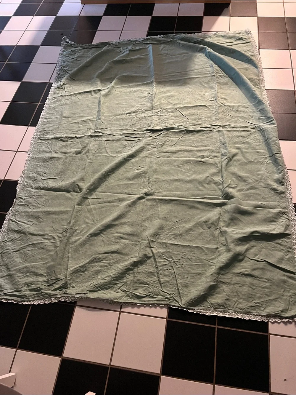 Vintage Sage Green tablecloth with Lace Trim